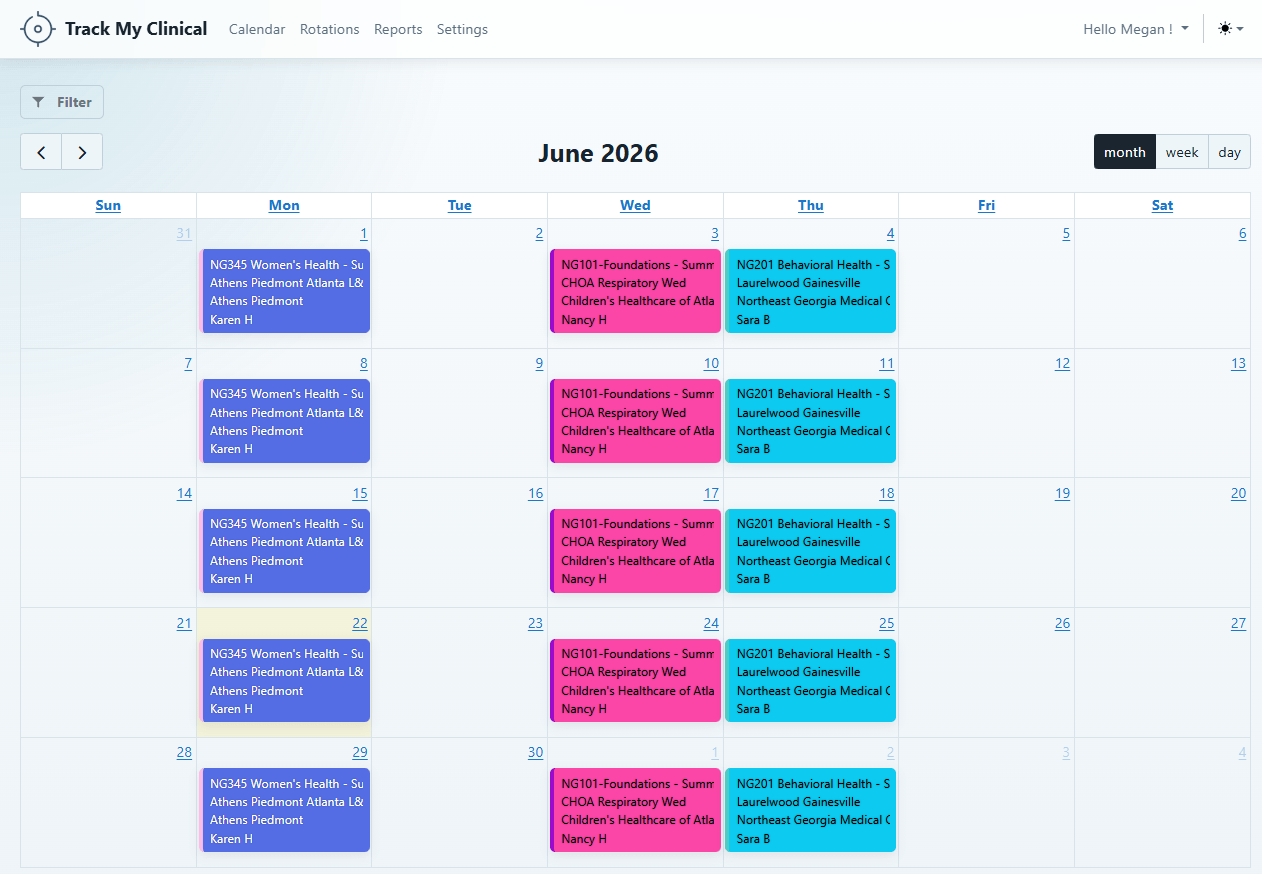 Track My Clinical dashboard showing clinical program overview